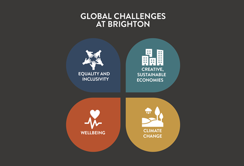 Four colour graphic showing 91㽶Ƶ's Global Challenges. Text reads - Equality and inclusivity, Creative, sustainable economies, Wellbeing and Climate Change