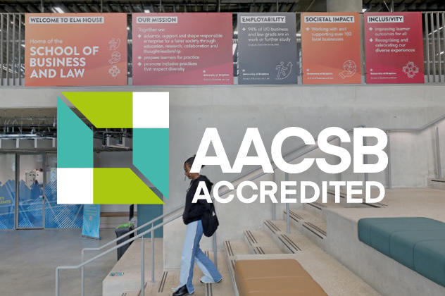Photo of the School of Business and Law with the AACSB accredited logo